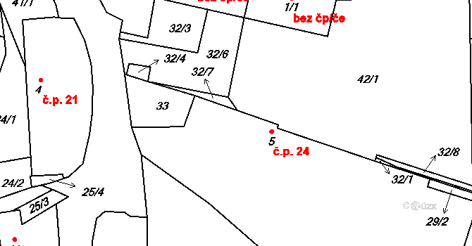 Velká 24, Milevsko na parcele st. 5 v KÚ Velká u Milevska, Katastrální mapa
