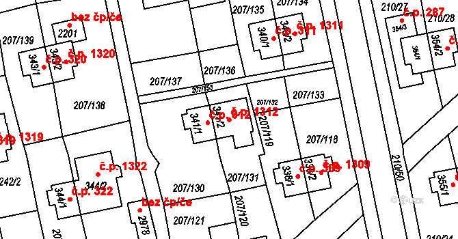 Sezimovo Ústí 1312 na parcele st. 341/2 v KÚ Sezimovo Ústí, Katastrální mapa