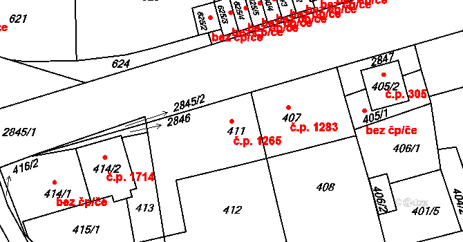 Velké Meziříčí 1265 na parcele st. 411 v KÚ Velké Meziříčí, Katastrální mapa