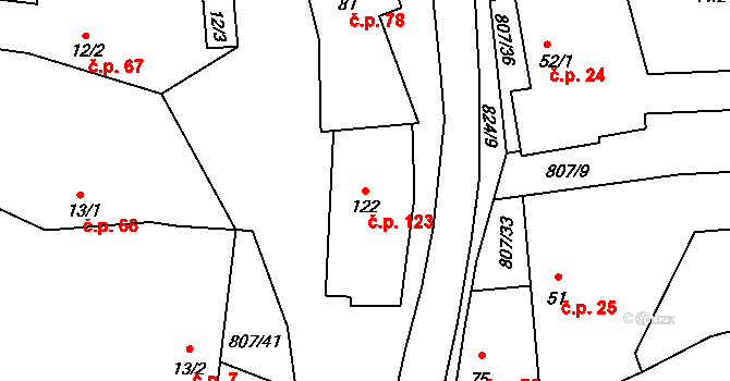 Křoví 123 na parcele st. 122 v KÚ Křoví, Katastrální mapa