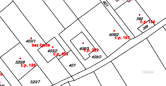 Chuchelná 229 na parcele st. 408/3 v KÚ Chuchelná, Katastrální mapa
