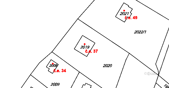 Buchlovice 37 na parcele st. 2019 v KÚ Buchlovice, Katastrální mapa