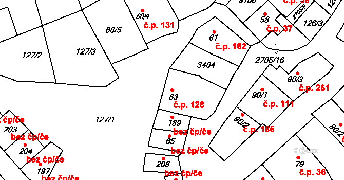 Zlechov 128 na parcele st. 63 v KÚ Zlechov, Katastrální mapa