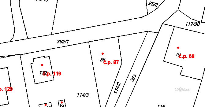 Chotoviny 87 na parcele st. 85 v KÚ Chotoviny, Katastrální mapa