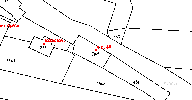 Lhotka 49, Ostrovec-Lhotka na parcele st. 70/1 v KÚ Lhotka u Terešova, Katastrální mapa