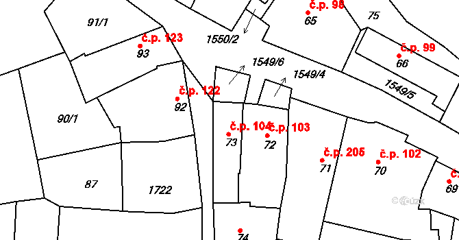 Nepomuk 104 na parcele st. 73 v KÚ Nepomuk, Katastrální mapa