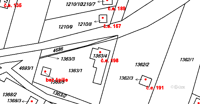 Jemnice 198 na parcele st. 1363/4 v KÚ Jemnice, Katastrální mapa