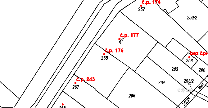 Hrušky 176 na parcele st. 265 v KÚ Hrušky, Katastrální mapa