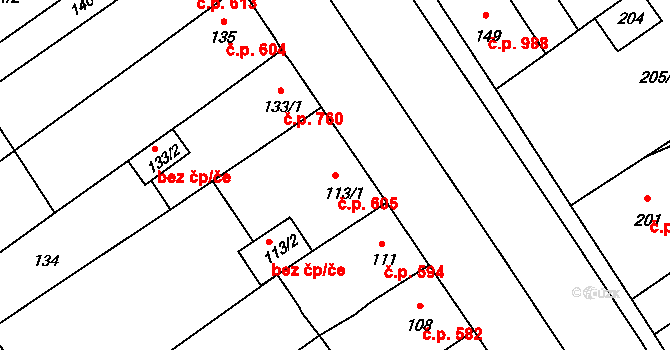 Valtice 605 na parcele st. 113/1 v KÚ Valtice, Katastrální mapa