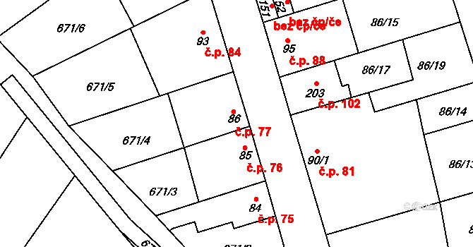 Prostějovičky 77 na parcele st. 86 v KÚ Prostějovičky, Katastrální mapa