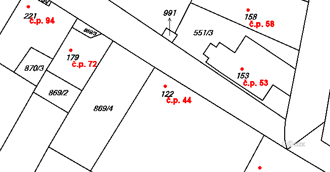 Kovansko 44, Bobnice na parcele st. 122 v KÚ Kovansko, Katastrální mapa