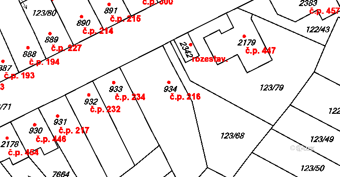 Telč-Štěpnice 216, Telč na parcele st. 934 v KÚ Telč, Katastrální mapa