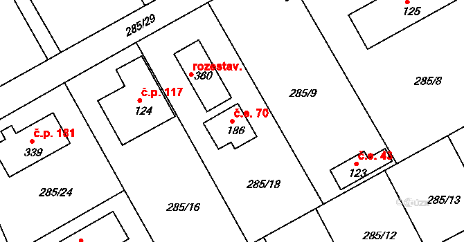 Vonoklasy 70 na parcele st. 186 v KÚ Vonoklasy, Katastrální mapa