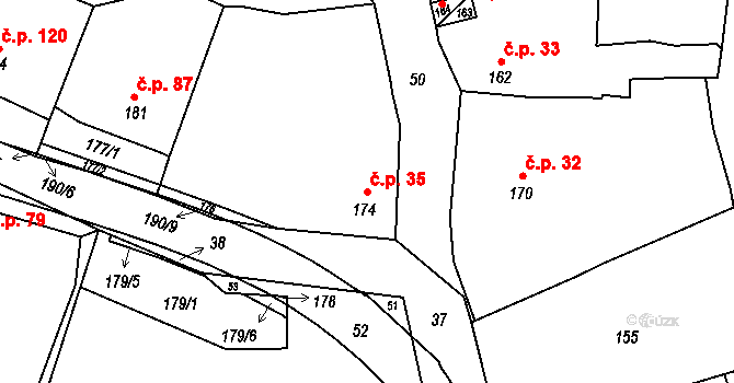 Dřínov 35 na parcele st. 174 v KÚ Dřínov u Kroměříže, Katastrální mapa