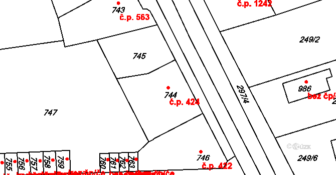 Švermov 424, Kladno na parcele st. 744 v KÚ Motyčín, Katastrální mapa