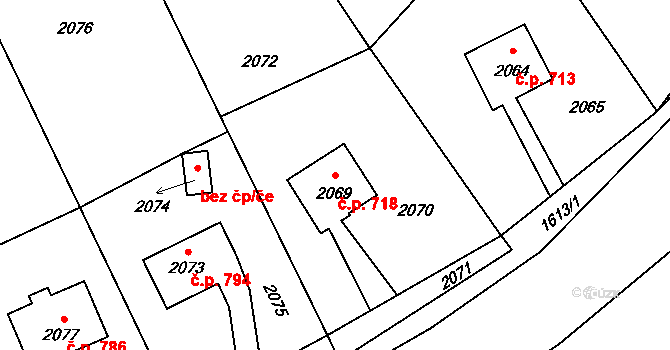Zlaté Hory 718 na parcele st. 2069 v KÚ Zlaté Hory v Jeseníkách, Katastrální mapa