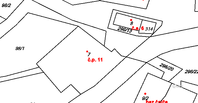 Kozov 11, Bouzov na parcele st. 7 v KÚ Kozov, Katastrální mapa