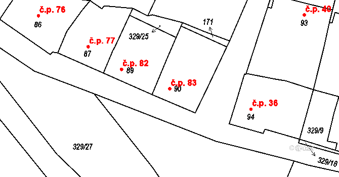 Bošilec 83 na parcele st. 90 v KÚ Bošilec, Katastrální mapa