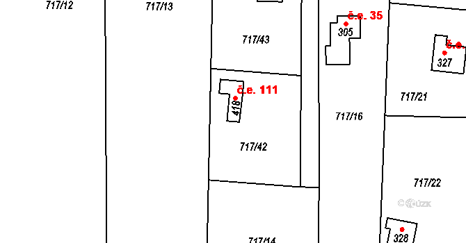 Loučeň 111 na parcele st. 418 v KÚ Loučeň, Katastrální mapa