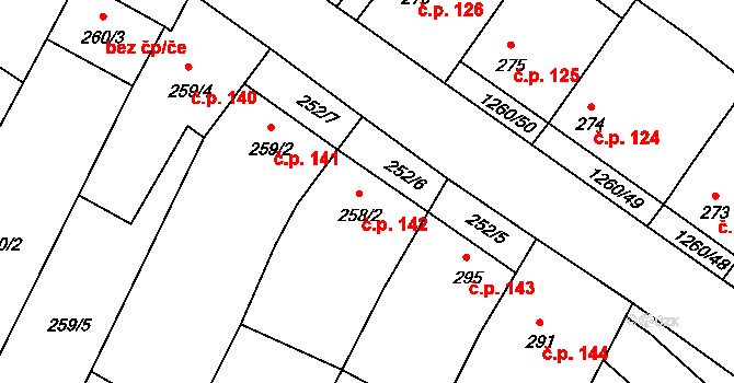 Myslibořice 142 na parcele st. 258/2 v KÚ Myslibořice, Katastrální mapa