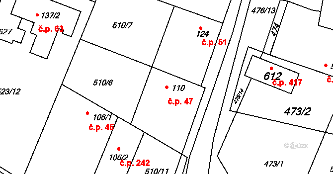 Horoušánky 47, Horoušany na parcele st. 110 v KÚ Horoušany, Katastrální mapa
