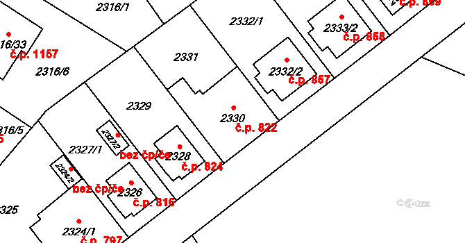 Radotín 822, Praha na parcele st. 2330 v KÚ Radotín, Katastrální mapa