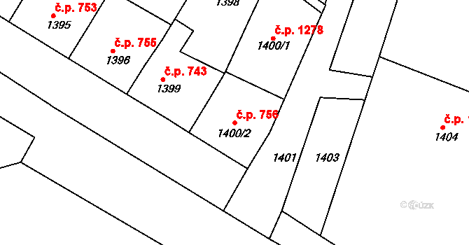 Mutěnice 756 na parcele st. 1400/2 v KÚ Mutěnice, Katastrální mapa