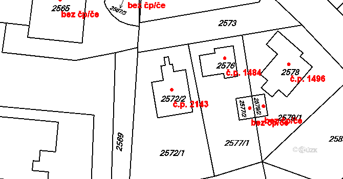 Česká Lípa 2143 na parcele st. 2572/2 v KÚ Česká Lípa, Katastrální mapa