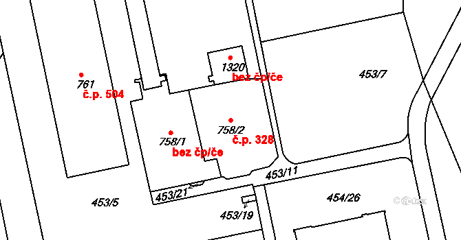 Třebeš 328, Hradec Králové na parcele st. 758/2 v KÚ Třebeš, Katastrální mapa