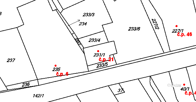 Otmarov 21 na parcele st. 231/1 v KÚ Otmarov, Katastrální mapa