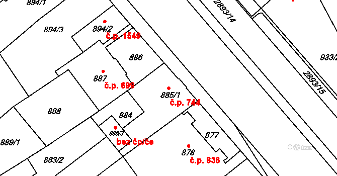 Předměstí 744, Opava na parcele st. 885/1 v KÚ Opava-Předměstí, Katastrální mapa