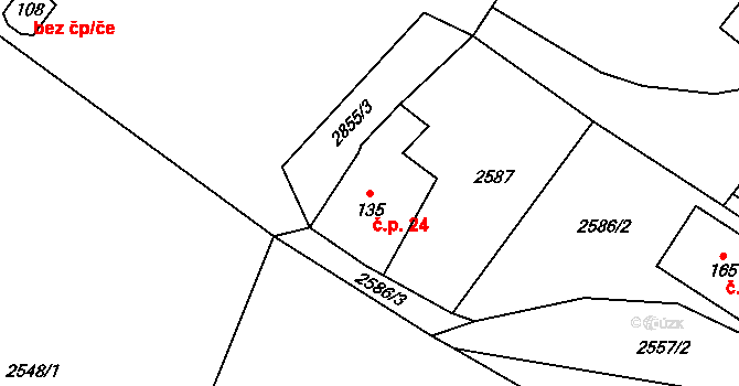 Červený Újezdec 24, Lišov na parcele st. 135 v KÚ Červený Újezdec, Katastrální mapa