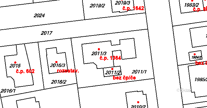 Kunratice 1364, Praha na parcele st. 2011/3 v KÚ Kunratice, Katastrální mapa