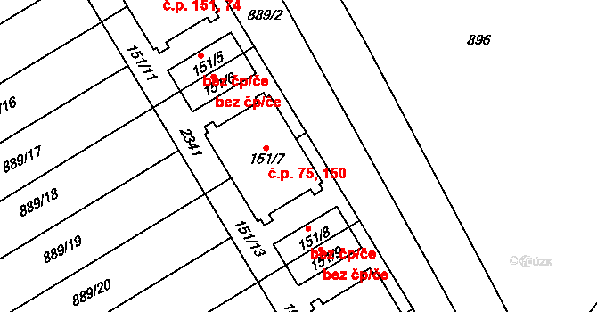 Hanušovice 75,150 na parcele st. 151/7 v KÚ Hanušovice, Katastrální mapa