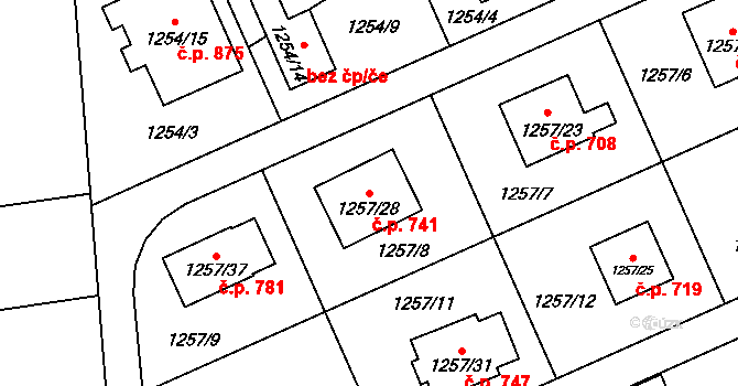 Tlučná 741 na parcele st. 1257/28 v KÚ Tlučná, Katastrální mapa