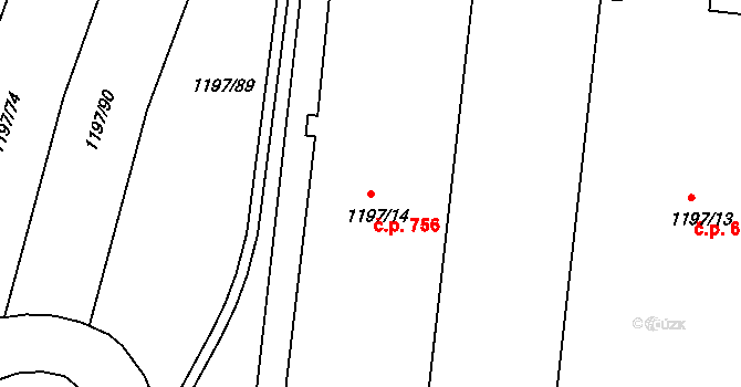 Bohunice 756, Brno na parcele st. 1197/14 v KÚ Bohunice, Katastrální mapa