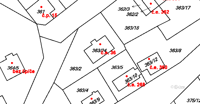 Bližná 36, Černá v Pošumaví na parcele st. 363/24 v KÚ Černá v Pošumaví, Katastrální mapa
