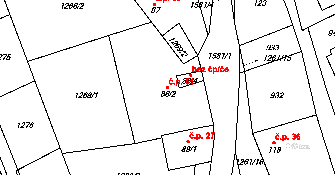 Veselíčko 51, Žďár nad Sázavou na parcele st. 88/2 v KÚ Veselíčko u Žďáru nad Sázavou, Katastrální mapa