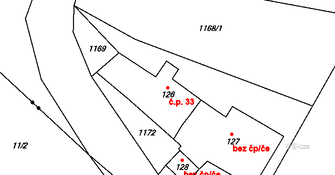 Kuřimské Jestřabí 33 na parcele st. 126 v KÚ Kuřimské Jestřabí, Katastrální mapa