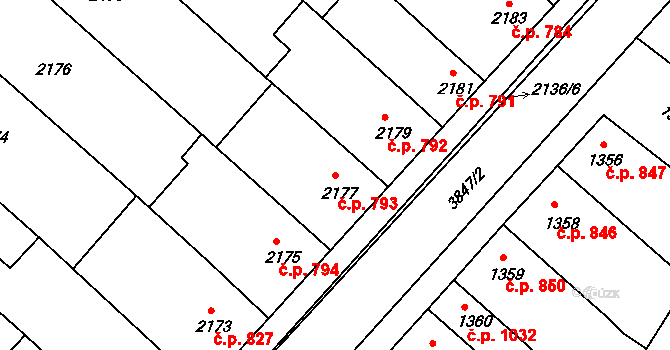 Kunovice 793 na parcele st. 2177 v KÚ Kunovice u Uherského Hradiště, Katastrální mapa