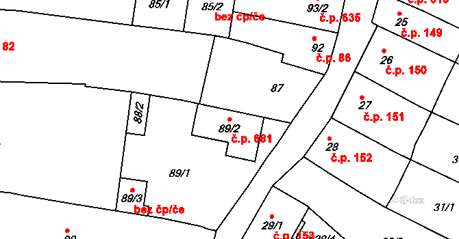 Obřany 681, Brno na parcele st. 89/2 v KÚ Obřany, Katastrální mapa