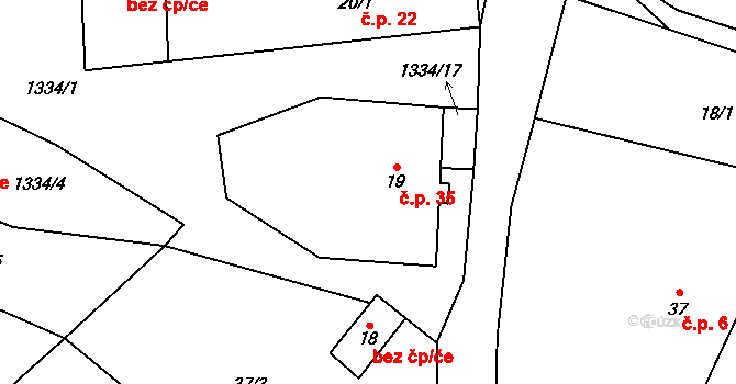 Zbynice 35, Hrádek na parcele st. 19 v KÚ Zbynice, Katastrální mapa