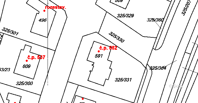 Bradlec 552 na parcele st. 591 v KÚ Bradlec, Katastrální mapa