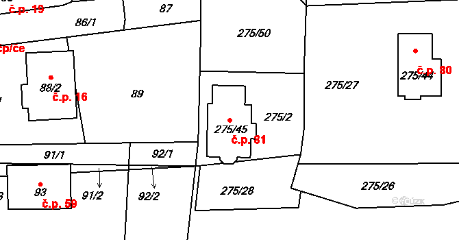 Narysov 81 na parcele st. 275/45 v KÚ Narysov, Katastrální mapa
