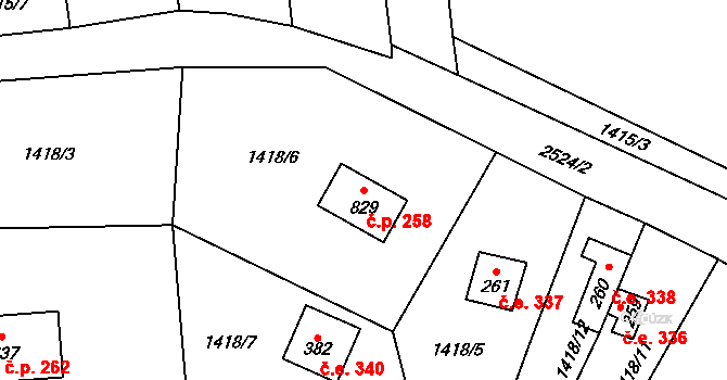 Mrač 258 na parcele st. 829 v KÚ Mrač, Katastrální mapa