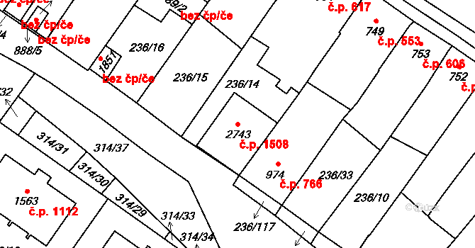 Velké Bílovice 1508 na parcele st. 2743 v KÚ Velké Bílovice, Katastrální mapa