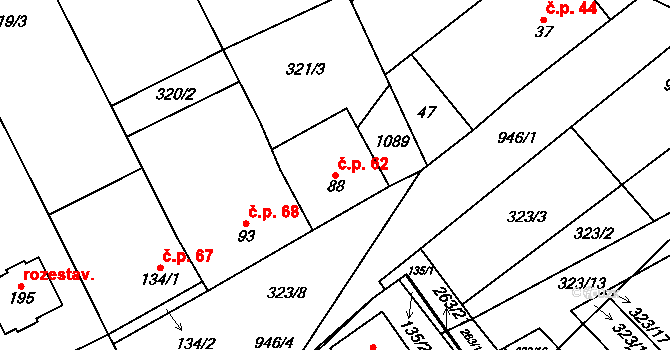 Hlinsko pod Hostýnem 62, Bystřice pod Hostýnem na parcele st. 88 v KÚ Hlinsko pod Hostýnem, Katastrální mapa