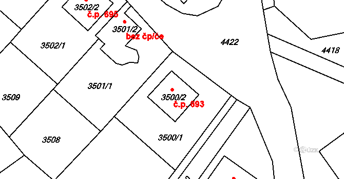 Konice 693 na parcele st. 3500/2 v KÚ Konice, Katastrální mapa