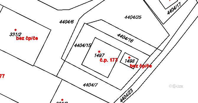 Hrušovany nad Jevišovkou 173 na parcele st. 1497 v KÚ Hrušovany nad Jevišovkou, Katastrální mapa