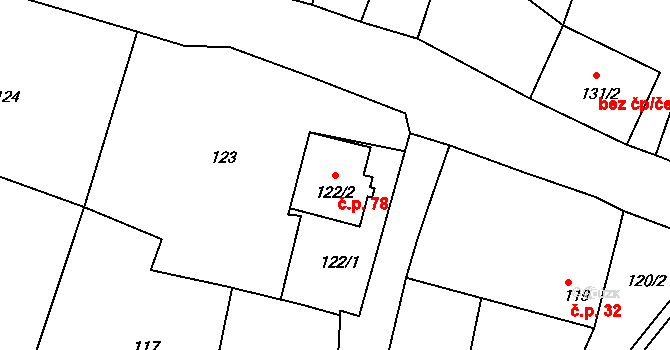 Podmyče 78 na parcele st. 122/2 v KÚ Podmyče, Katastrální mapa